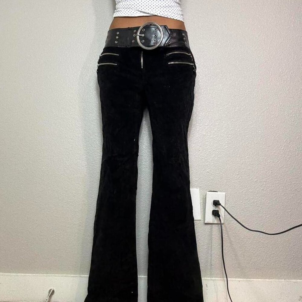 Y2k BLACK CORDUROY ZIPPER BELTED FLARE JEANS